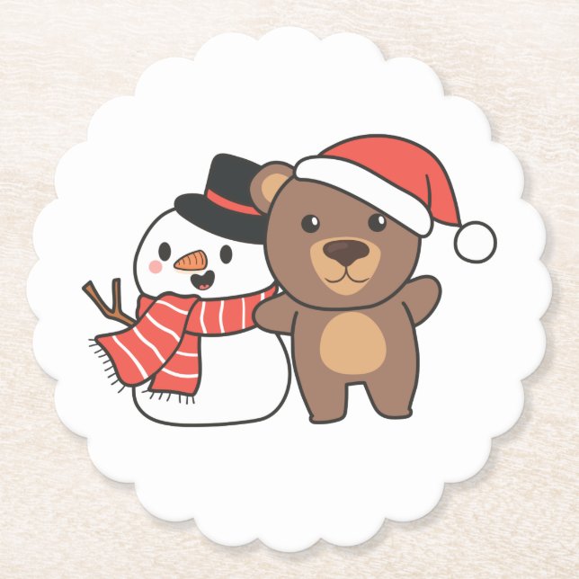 Bear With Snowman In Winter For Christmas Untersetzer (Vorderseite)