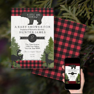 Bear Woodland Forest Buffalo Karo Baby Dusche 12x1 Einladung