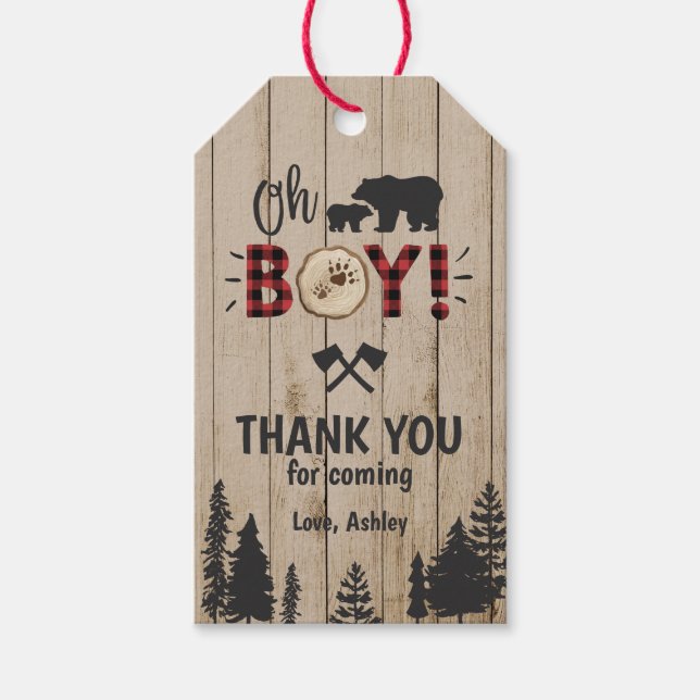Bear Woodland Lumberjack Kariert Boy Baby Dusche Geschenkanhänger (Vorderseite)