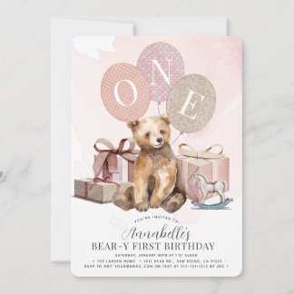 Bear y 1. Geburtstagsbär Pink Balloon Girl Einladung