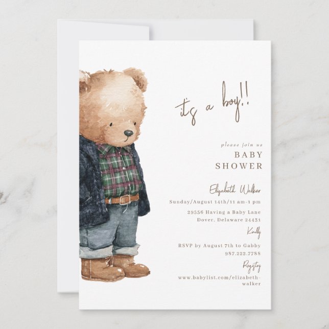 Bear-y Cute Teddy Bear It's a Boy Baby Shower Einladung (Vorderseite)