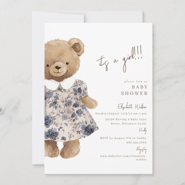 Bear-y Cute Teddy Bear It's a Girl Baby Shower Einladung (Vorderseite)