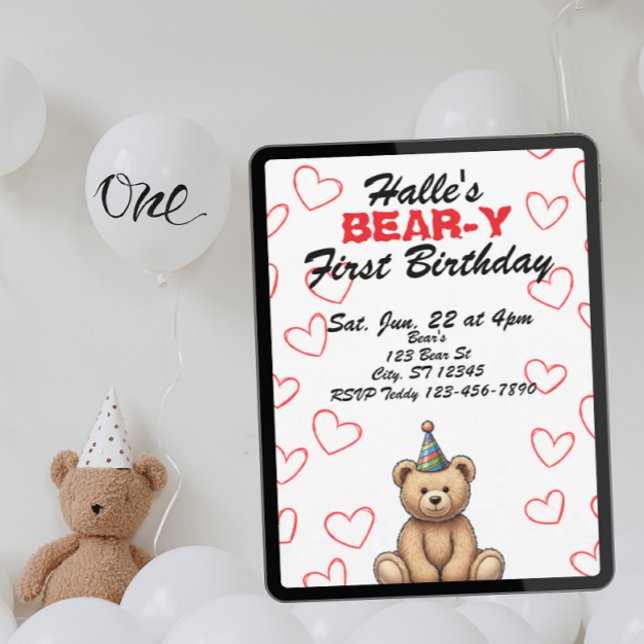 BEAR-Y First Birthday, cute teddy bear birthday Einladung (Von Creator hochgeladen)