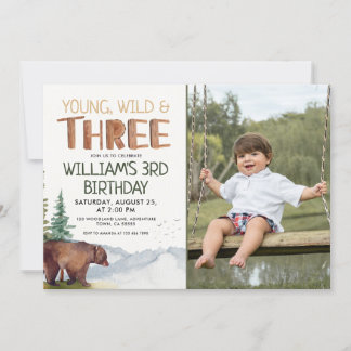 Bear-Young Wild und Three Boys 3. Geburtstag Einladung