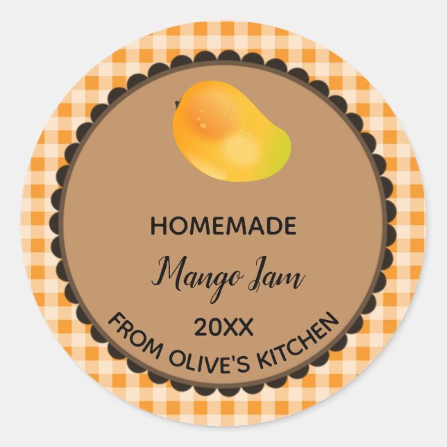 Bearbeitbar Orange Gingham Mango Jam Label Aufkleb Runder Aufkleber (Vorderseite)