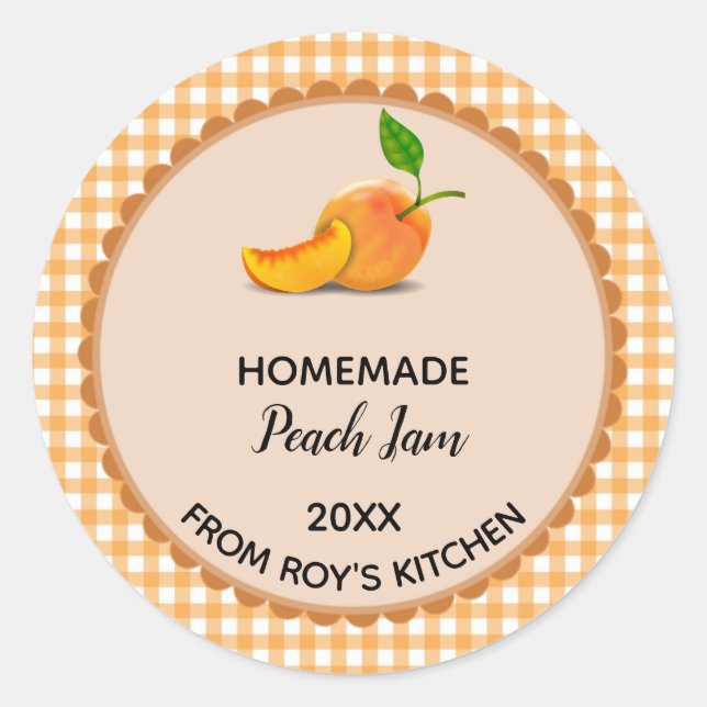 Bearbeitbar Orange Gingham Peach Jam Label Sticker (Vorderseite)