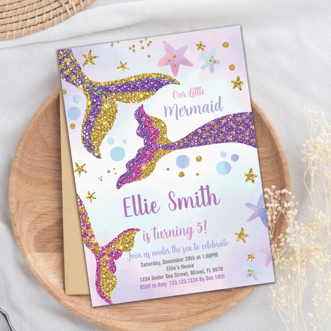 Bearbeitbar unter der Sea Party Card mit Regenboge Einladung (Mermaid Tails Glitter Birthday Invitation)