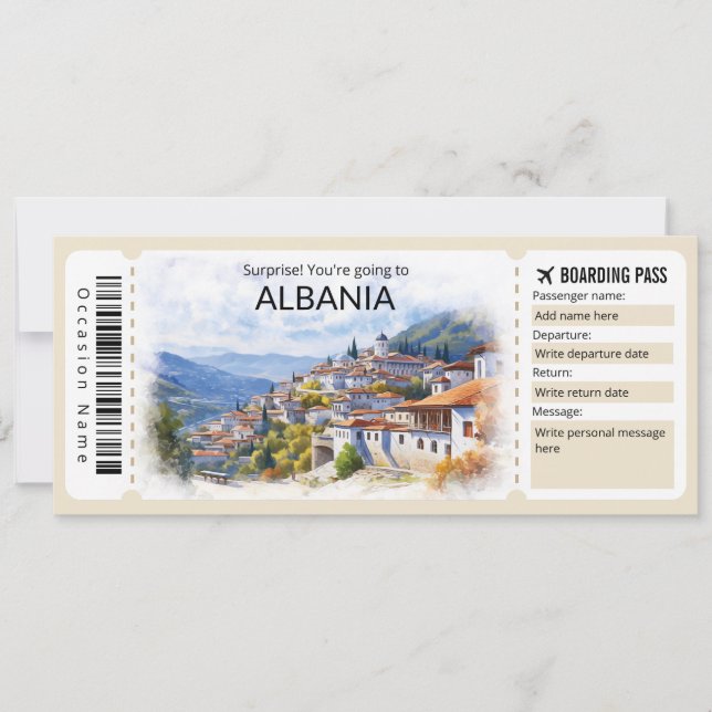 Bearbeitbare Albanien Flugzeug Ticket, Albanien Tr Einladung (Vorderseite)