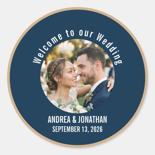 Bearbeitbare Art Deco Hochzeitseinladung mit Foto Runder Aufkleber (Vorderseite)