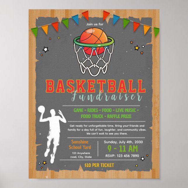 Bearbeitbare Basketball-Spendenflyer Poster (Vorne)