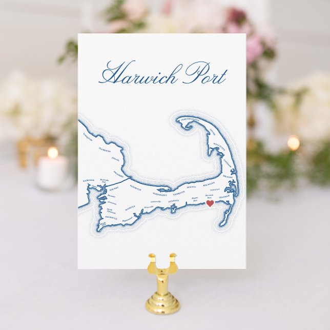 Bearbeitbare Cape Cod Wedding Table Name Cards Einladung (Cape Cod Wedding Table Town Name cards with editable places and elegant navy blue Harwich Port map)