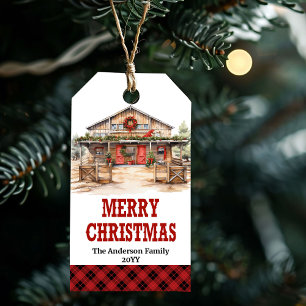 Bearbeitbare Country-Ranch-Weihnachtsetikette rot Geschenkanhänger