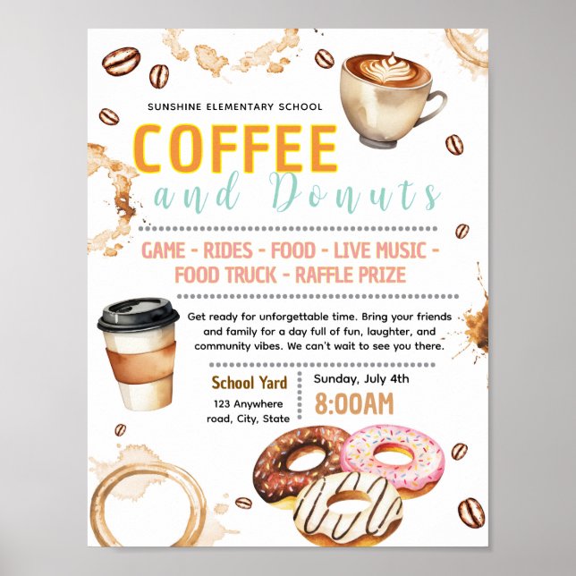 Bearbeitbare Donut- und Kaffee-Spendenflyer Poster (Vorne)
