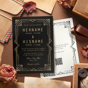 Bearbeitbare elegante schwarze Art Deco QR RSVP Ho Einladung