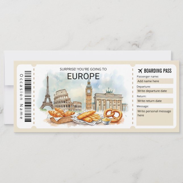Bearbeitbare Europa-Reise-Boarding-Pass-Ticket Einladung (Vorderseite)