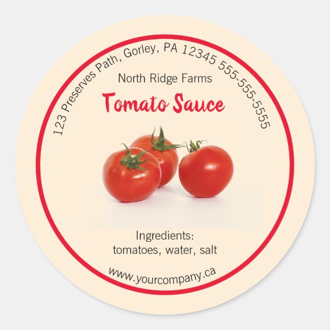 Bearbeitbare Firma Tomato Preserve Label Runder Aufkleber (Vorderseite)