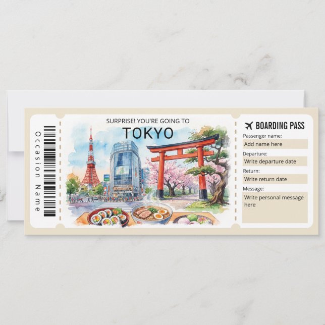 Bearbeitbare Flugticket Tokyo Reise Einladung (Vorderseite)