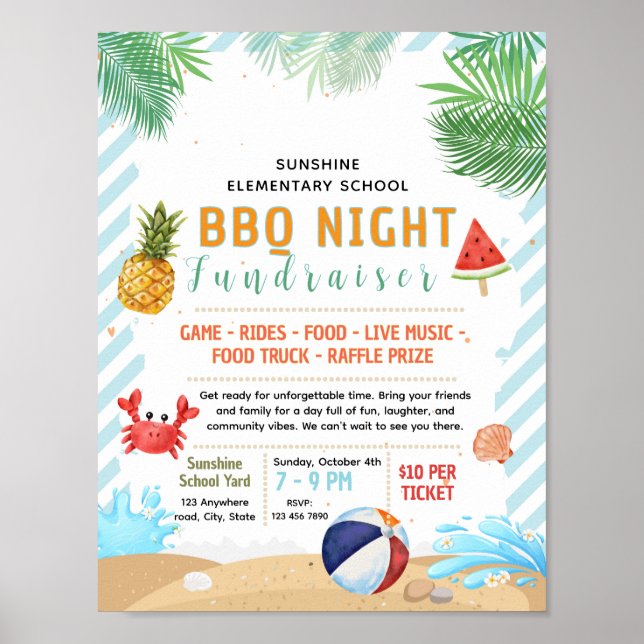 Bearbeitbare Flyer für Schulbeginn-Strand-Fundrais Poster (Vorne)