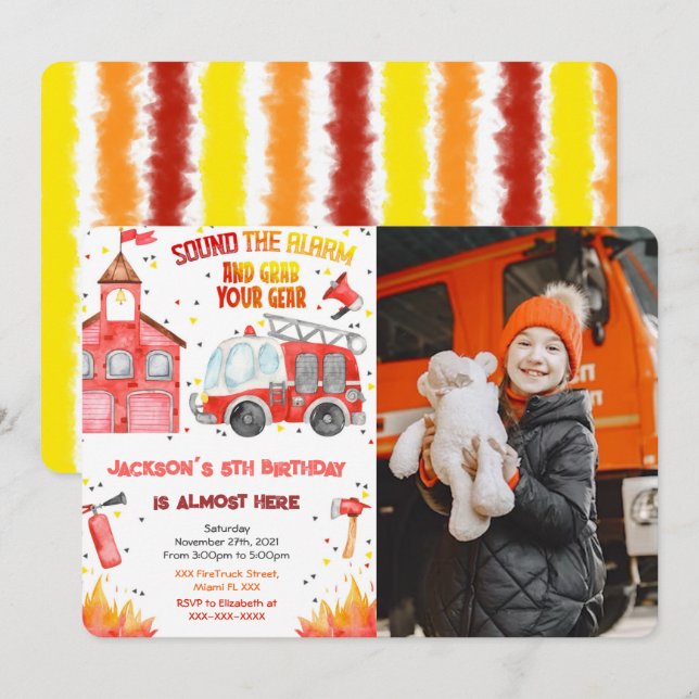 Bearbeitbare Foto-Einladungen für Feuerwehrfahrzeu Einladung (Vorne/Hinten)