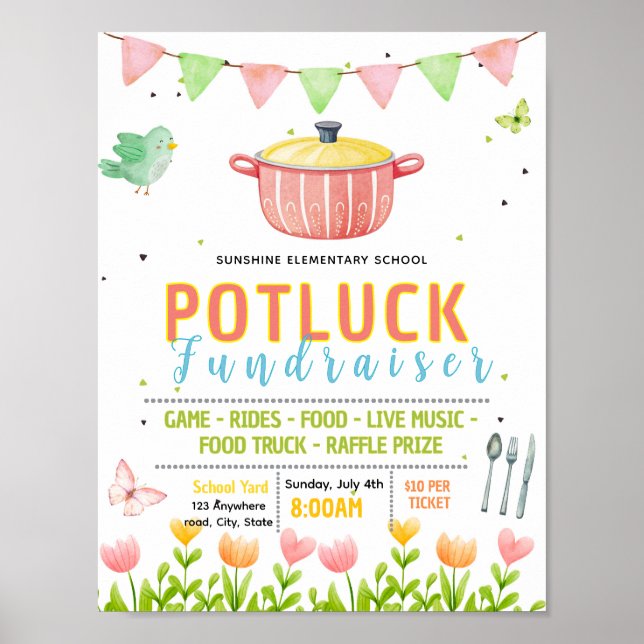 Bearbeitbare Frühlings-Potluck-Fundraising-Flugbla Poster (Vorne)