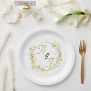 Bearbeitbare goldene florale Hochzeit Pappteller