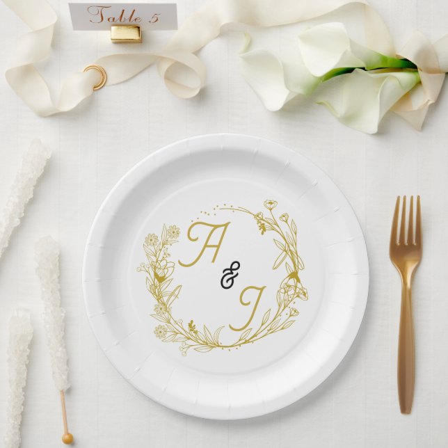 Bearbeitbare goldene florale Hochzeit  Pappteller (Hochzeit)