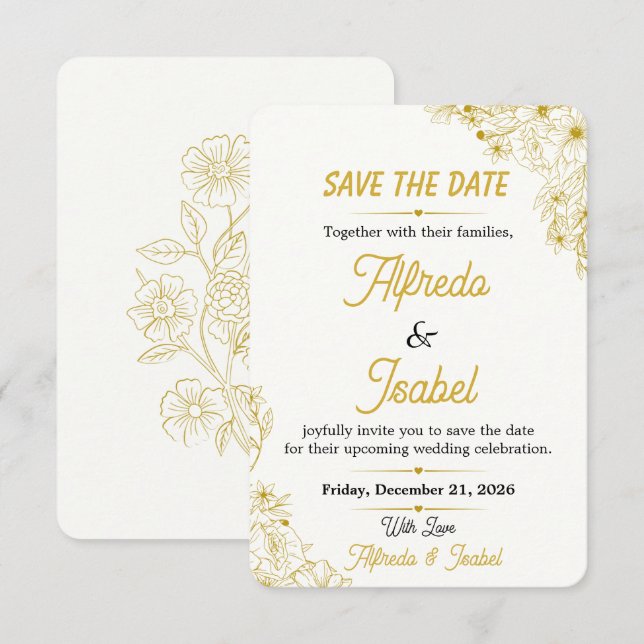 Bearbeitbare goldene florale Save-The-Date-Karte Save The Date (Vorne/Hinten)