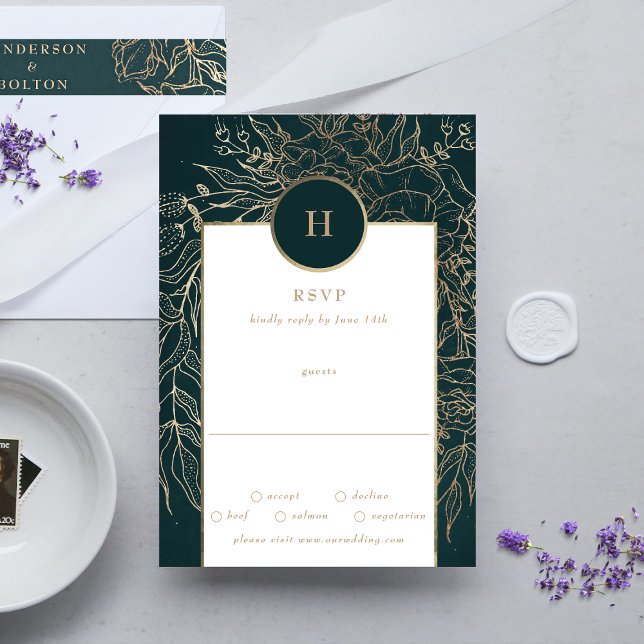 Bearbeitbare Goldfolie und Smaragdgrüne Kleider-Mo RSVP Karte (RSVP showcasing suite - additional items (bought separately))