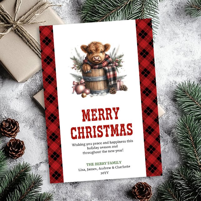 Bearbeitbare Highland-Cow-Weihnachtskarte Feiertagskarte (Editable highland cow Christmas holiday card)