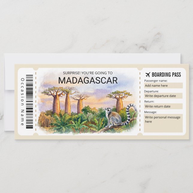 Bearbeitbare Madagaskar-Reise-Boarding-Pass-Ticket Einladung (Vorderseite)