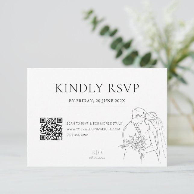 Bearbeitbare Minimalistische Hochzeitlinie Art QR  RSVP Karte (Stehend Vorderseite)