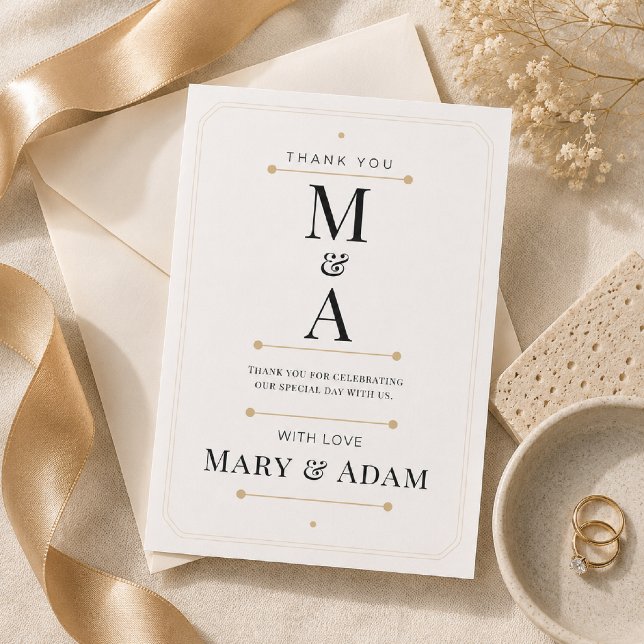 Bearbeitbare Monogramm-Minimalluxus-Dankeskarten RSVP Karte (Elegant Monogram Thank You Card for a timeless luxury wedding celebration.)