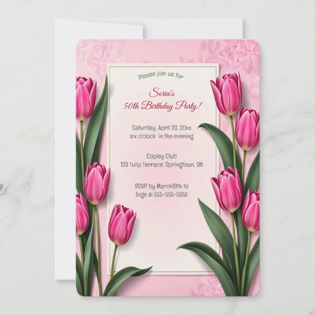 Bearbeitbare rosa Tulpen Einladung (Vorderseite)
