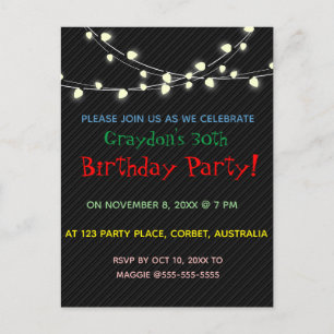 Bearbeitbare Strings von Party Lights zum Geburtst Einladungspostkarte