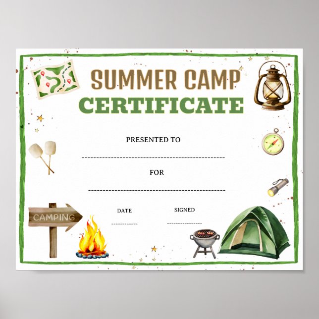 Bearbeitbare Urkunde für das Sommercamp Poster (Vorne)