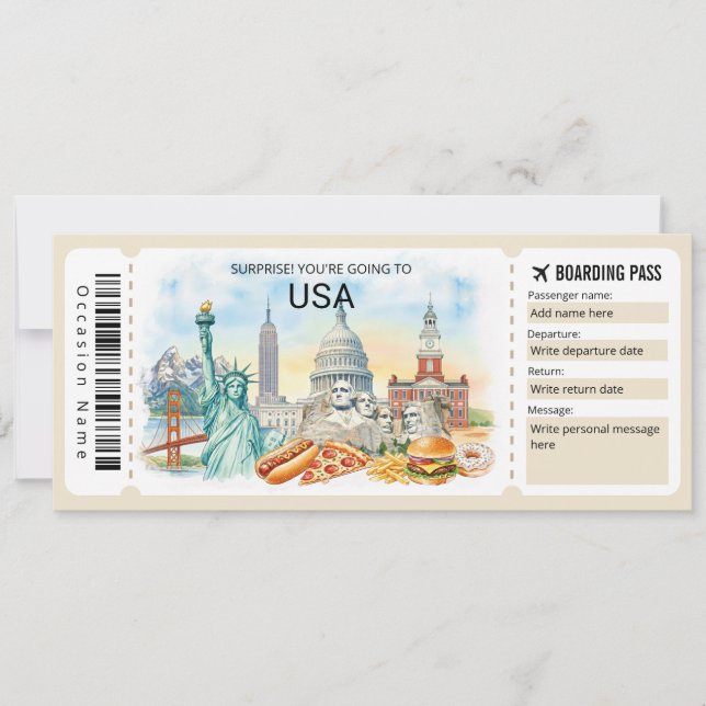 Bearbeitbare USA-Reise-Boarding-Pass-Ticket Einladung (Vorderseite)