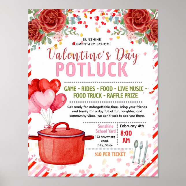 Bearbeitbare Valentinstag-Potluck-Fundraiser-Flugb Poster (Vorne)