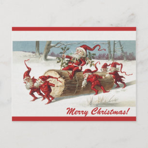 Bearbeitbare Vintage-Elfen bewegen Santa auf einem Postkarte