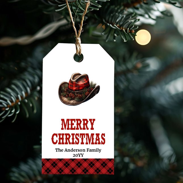 Bearbeitbare westliche Weihnachtskarte mit Cowboyh Geschenkanhänger (Editable Western Christmas tag with cowboy hat)