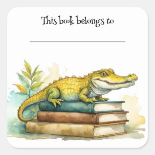 Bearbeitbarer Alligator und Buchzeichen-Sticker Quadratischer Aufkleber