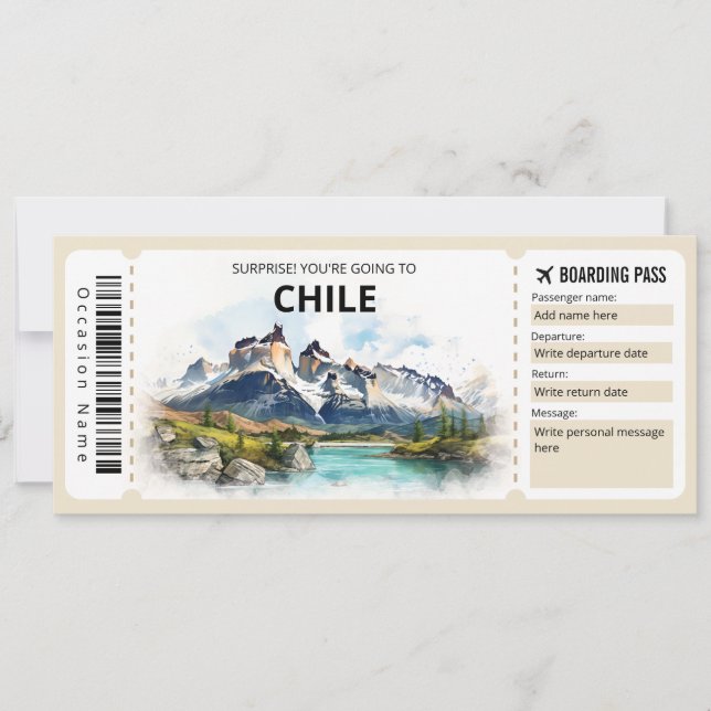 Bearbeitbarer Chile Flugzeug Boarding Pass Einladung (Vorderseite)