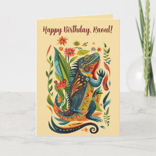 Bearbeitbarer Folk Art Iguana Geburtstag Karte