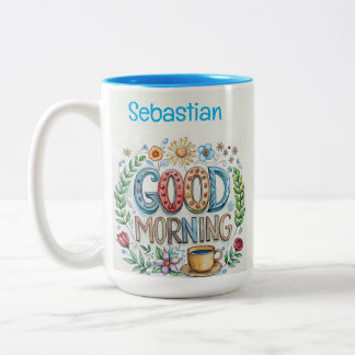 Bearbeitbarer guter Morgenname und Blume Zweifarbige Tasse