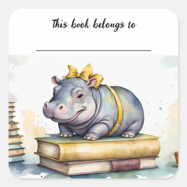 Bearbeitbarer Hippo- und Buchsticker für das Buchz Quadratischer Aufkleber (Vorderseite)