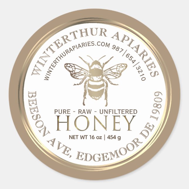 Bearbeitbarer Honey Jar mit Bee Gold Ring Border Runder Aufkleber (Vorderseite)