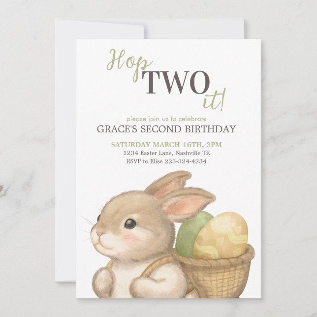 Bearbeitbarer Hop Two It Ostern 2. Geburtstag Hase Einladung (Vorderseite)