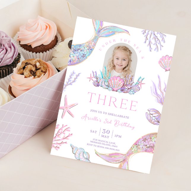Bearbeitbarer Mermaid Tail 3. Geburtstagseinladung Einladung (Editable Mermaid Tail 3rd Birthday Invite Glitter
)