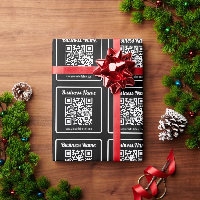 Bearbeitbarer QR-Code & Firmenname | Schwarz & Wei Geschenkpapier (Feiertagsgeschenk)