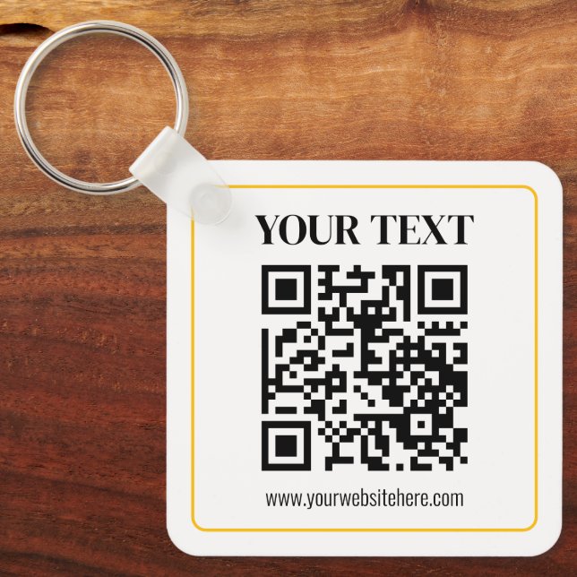 Bearbeitbarer QR-Code & Text mit gelber Goldumrand Schlüsselanhänger (Vorderseite)