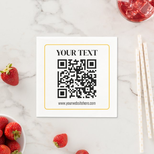 Bearbeitbarer QR-Code & Text mit gelber Goldumrand Serviette (Beispiel)